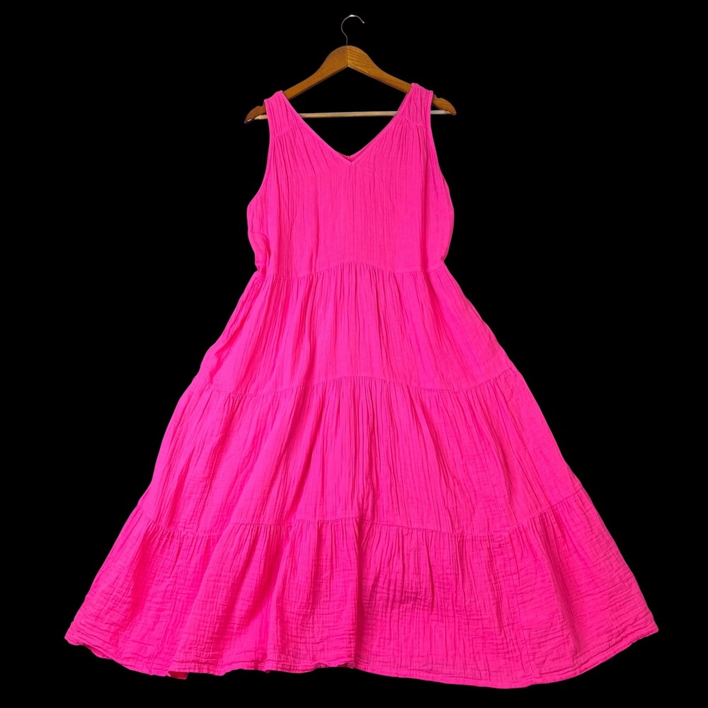 Sonoma Dress Large Pink Cotton Crinkle Cottagecore Milkmaid Gauze Tiered Maxi